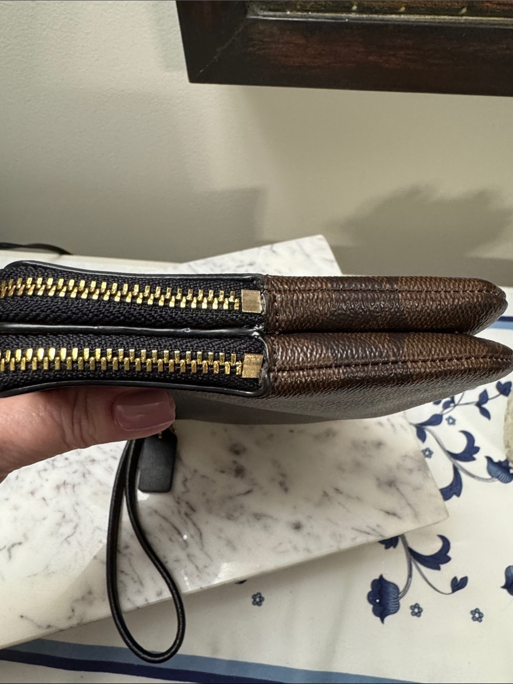 Coach Brown Signature Double Zip Wristlet with Gold Logo - Picture 5 of 12
